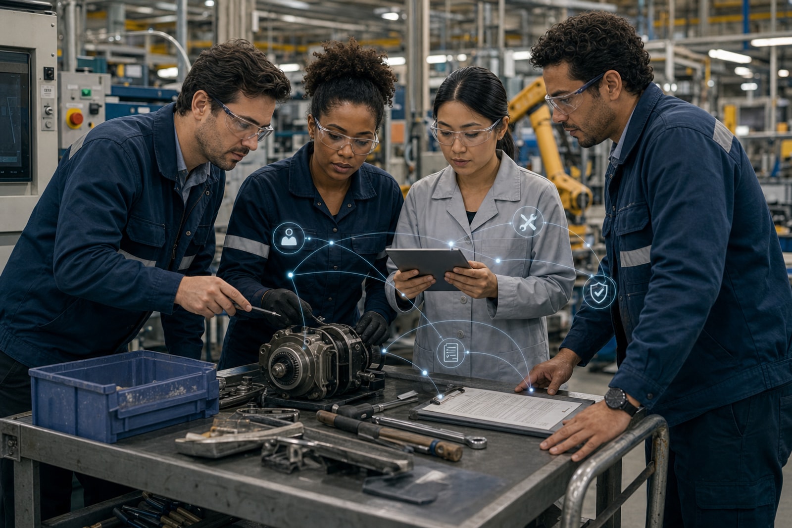 Equipe luso-brasileira inspecionando componente industrial e checklist de manutenção com IA assistiva.