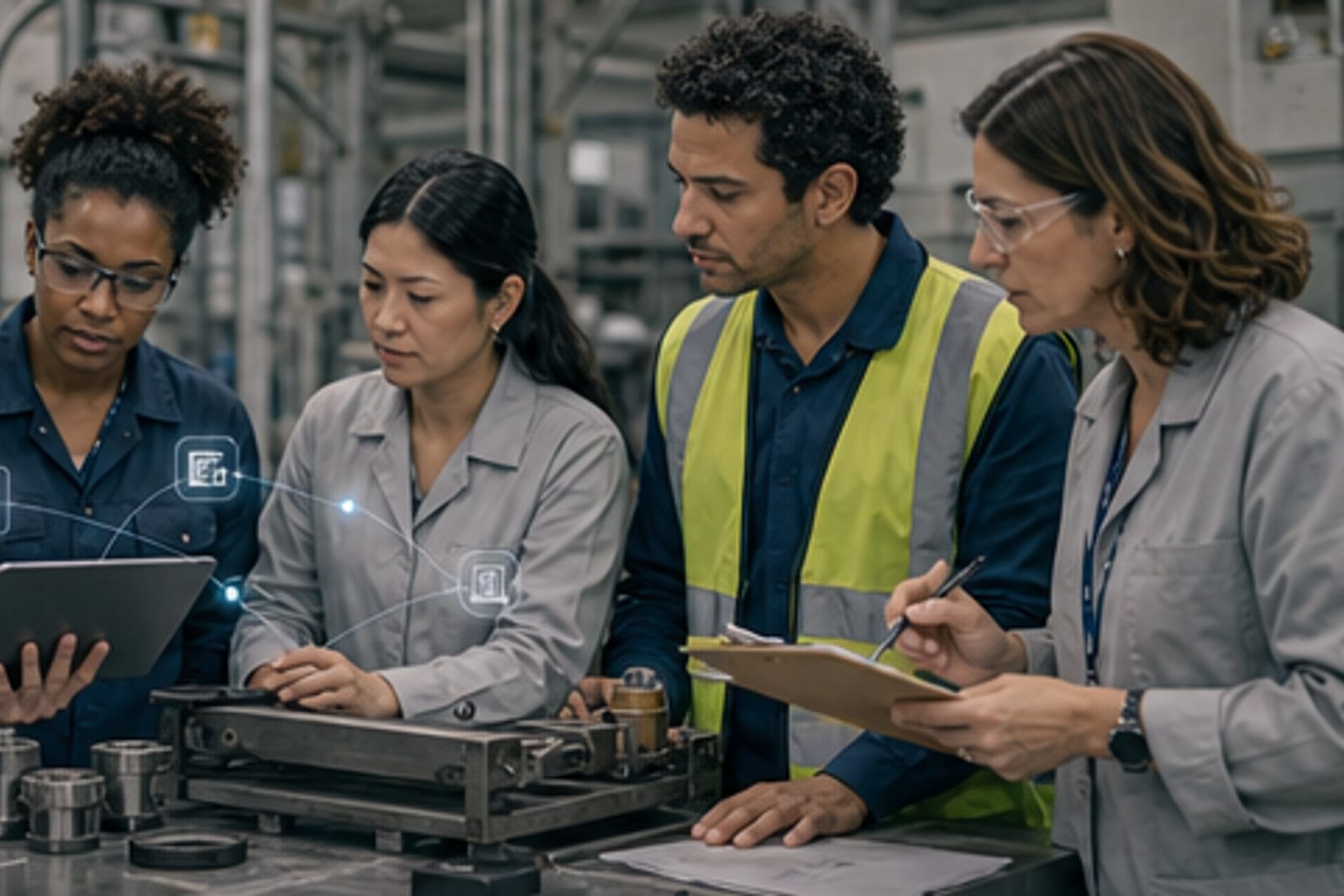 Engenheiro português e técnica brasileira negra analisando manutenção industrial com IA assistiva.