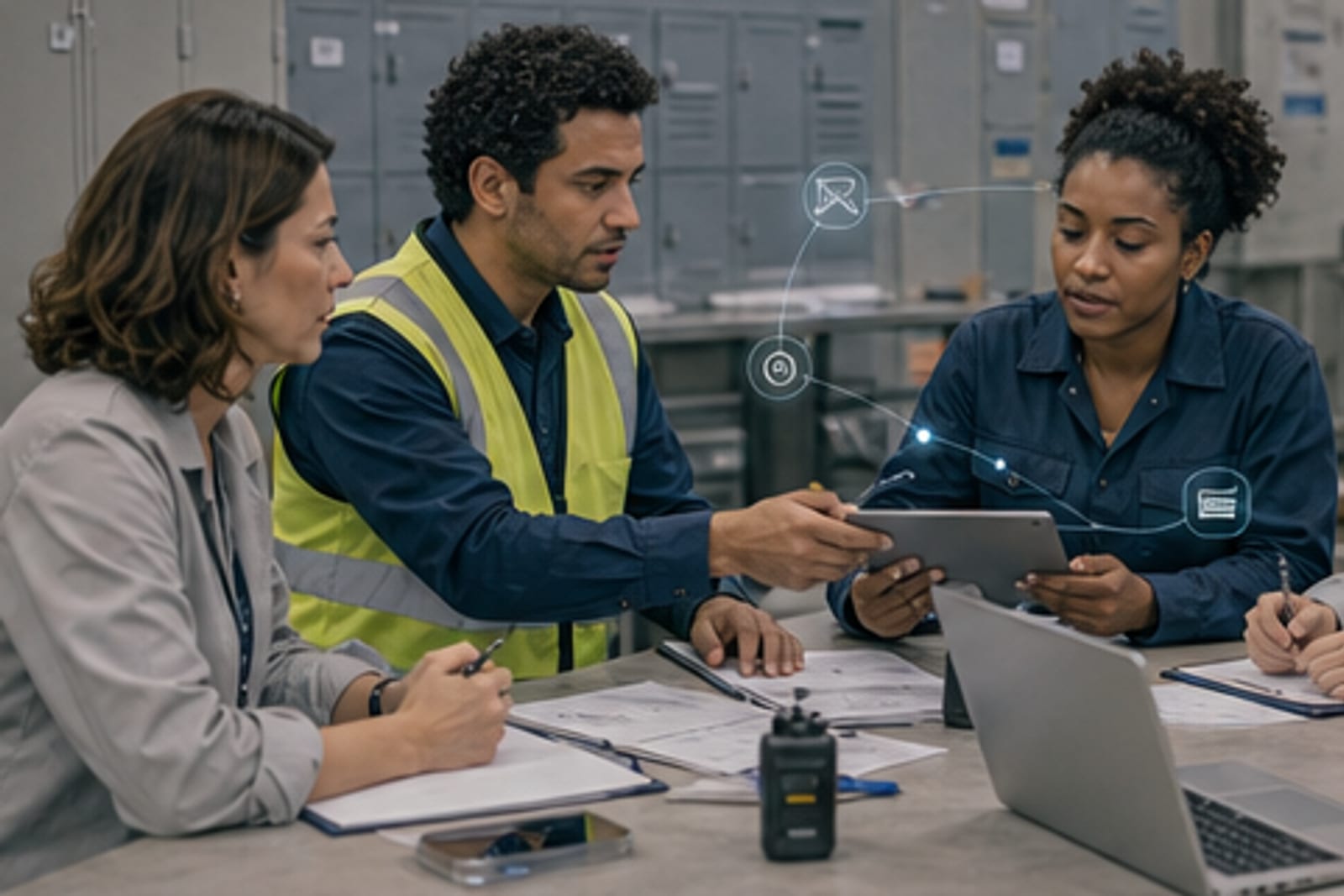 Equipe portuguesa e brasileira em briefing de turno revisando passagem assistida por IA.