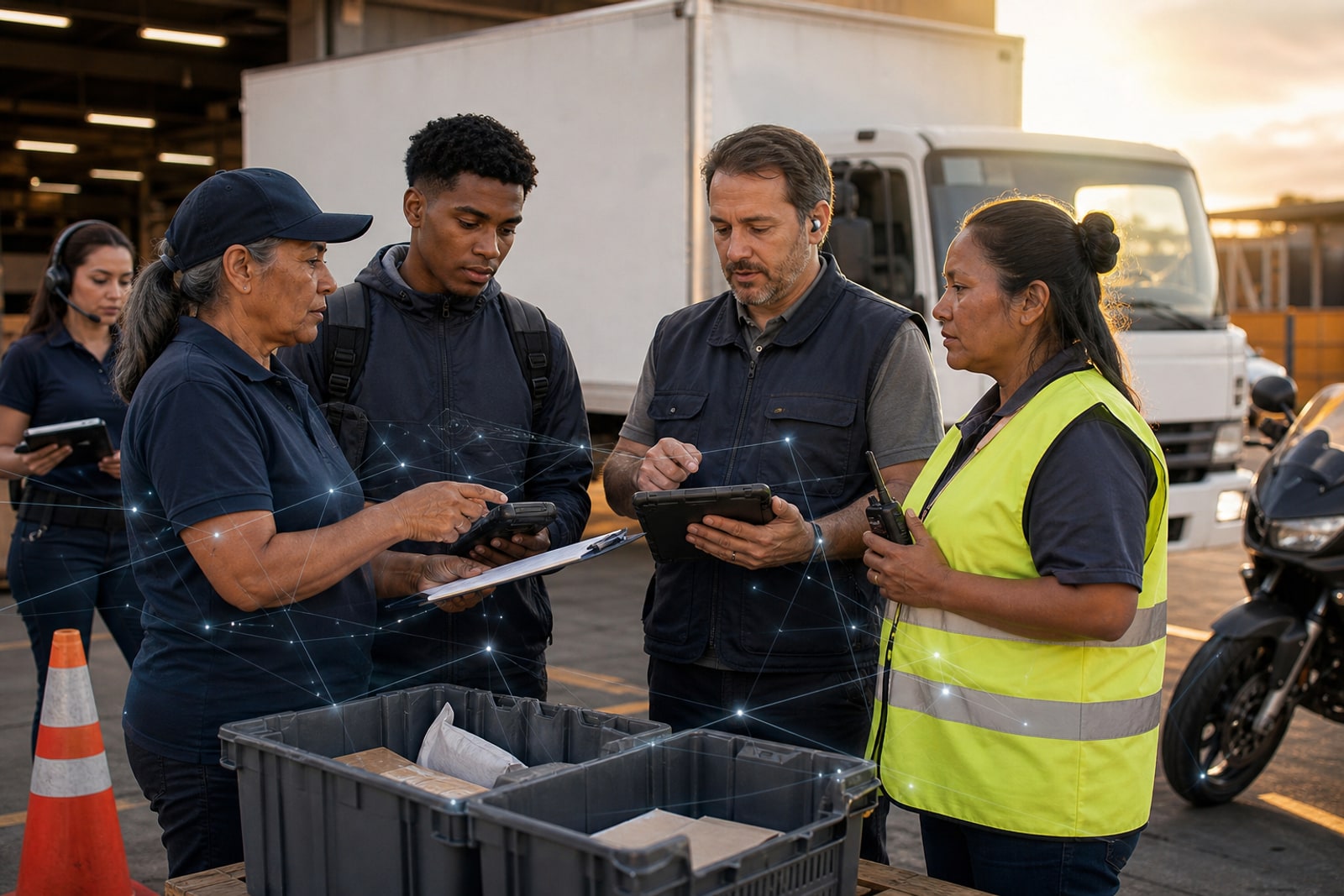 Motoristas, courier e coordenação de campo alinhando próximos passos em pátio logístico com dispositivos operacionais.