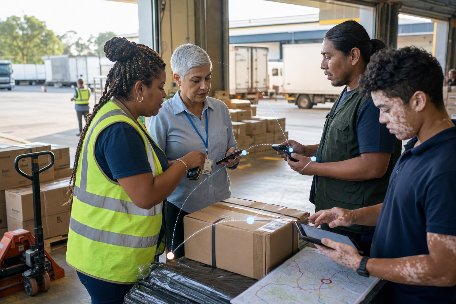 Equipe operacional em doca logística coordenando volumes, rotas e exceções com scanners e IA assistiva.