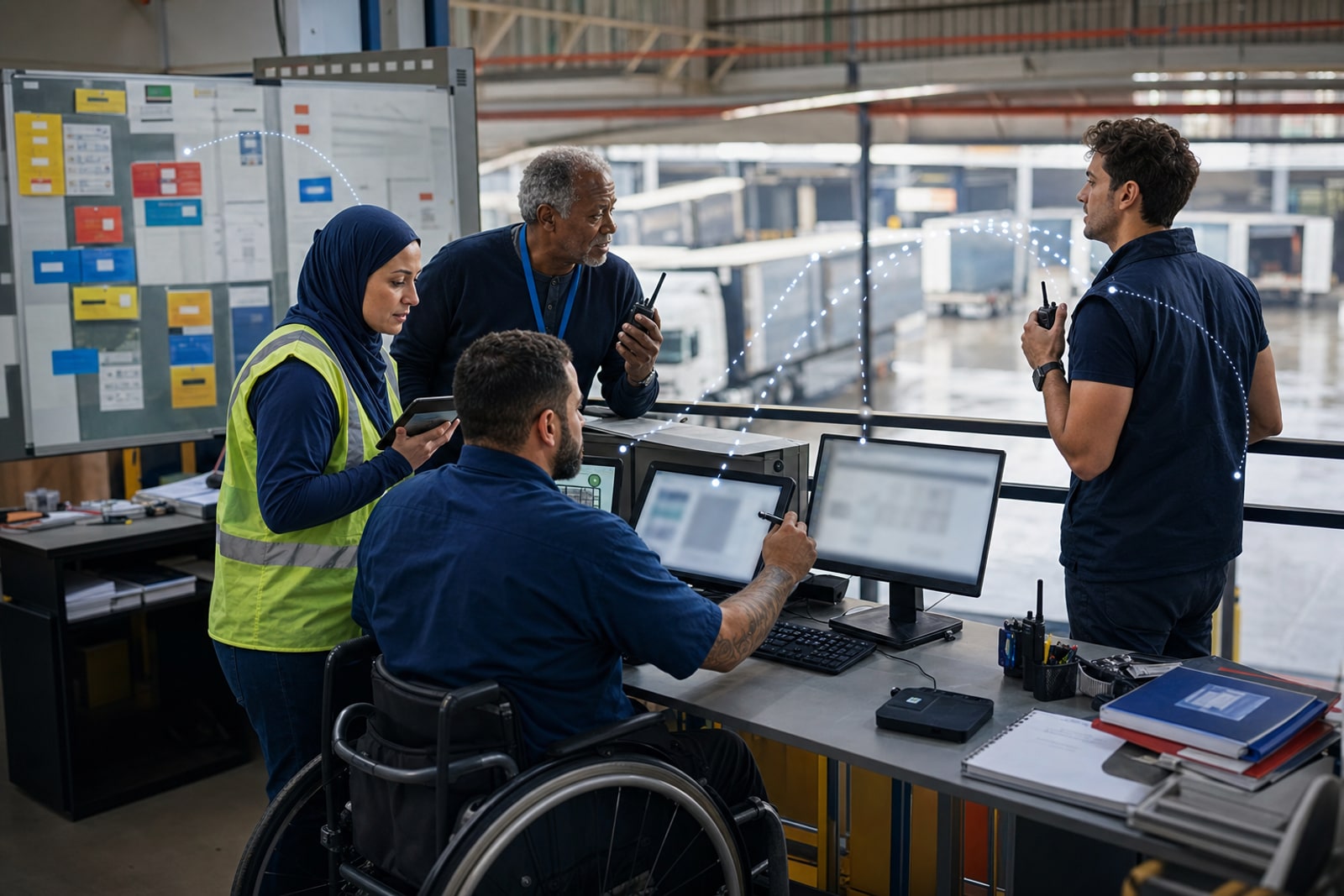 Equipe diversa em mezzanine de operações logísticas consolidando status em estações acessíveis e sem telas legíveis.