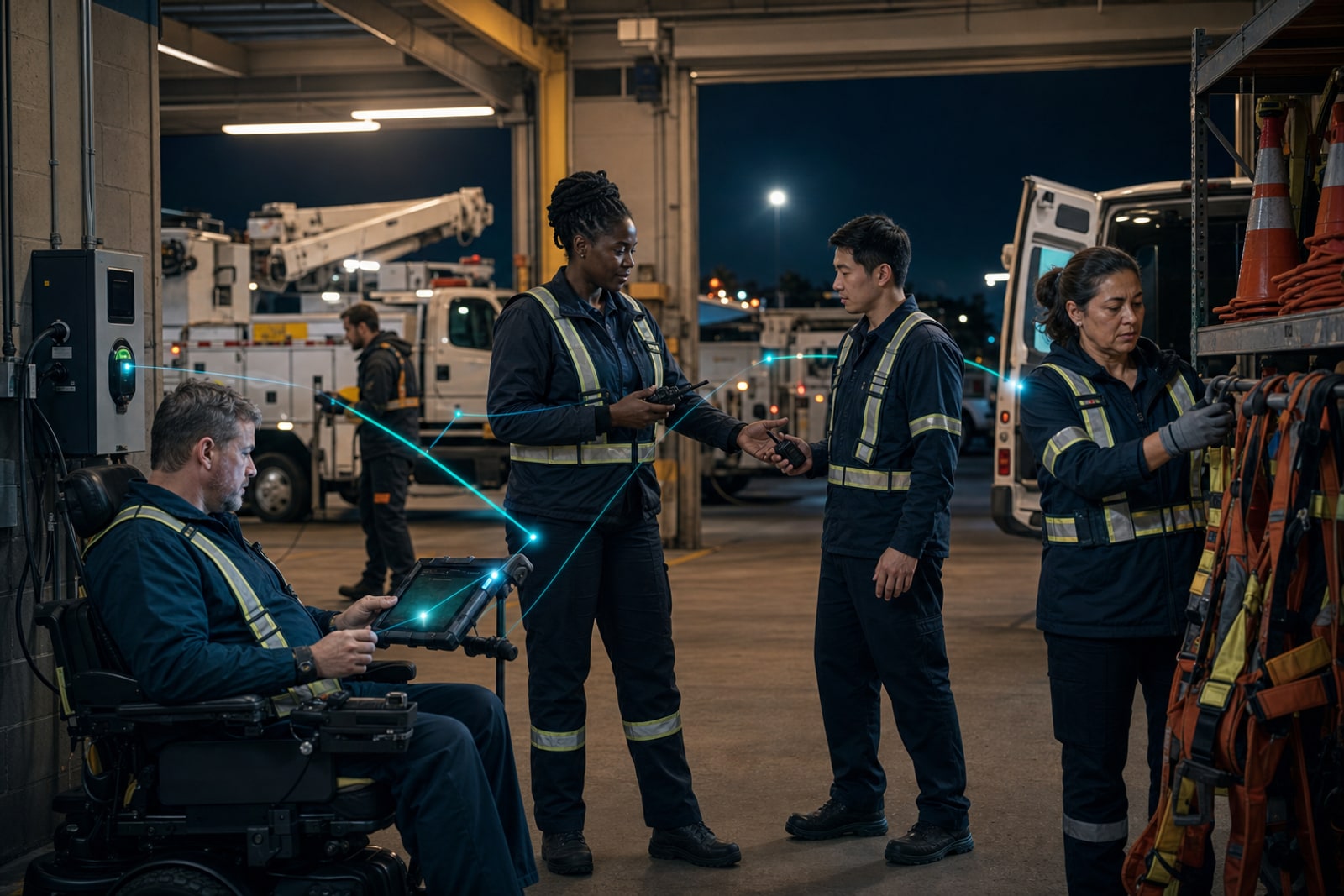 Equipe de plantão em garagem de utilities preparando veículos, rádios e equipamentos para escalonamento rastreável.