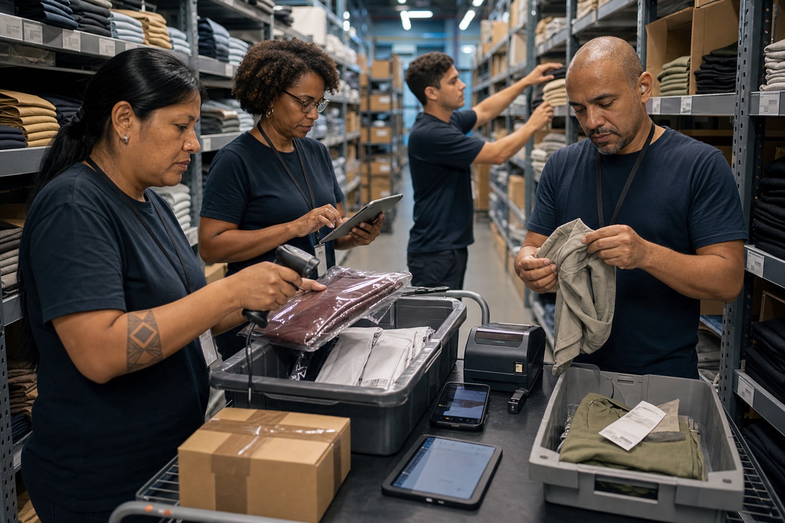Equipe de micro-fulfillment em loja separando pedidos e validando trocas com scanner e tablet.