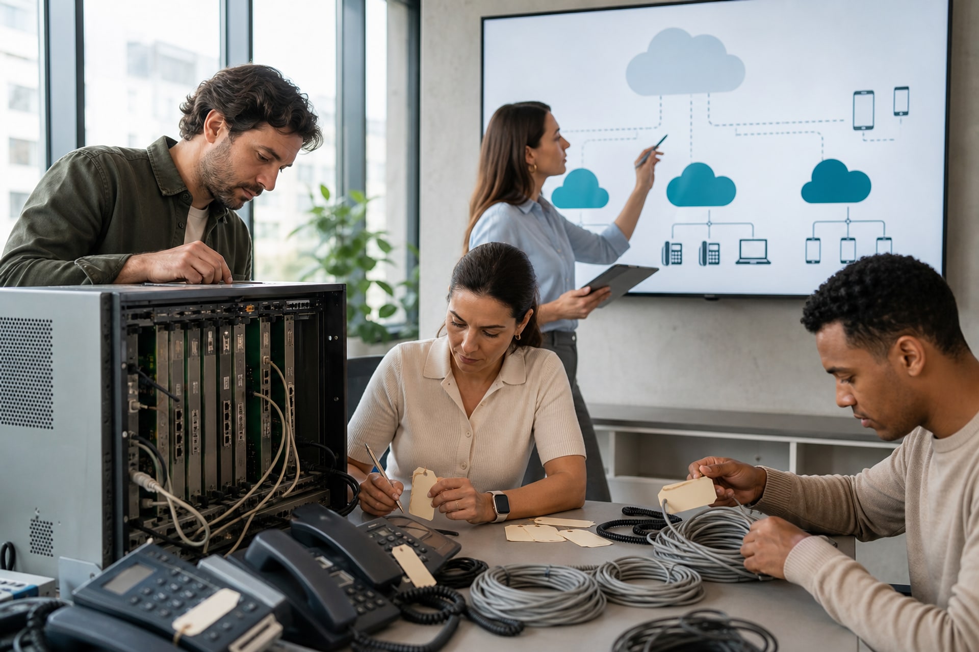 PABX físico sendo modernizado para comunicação cloud.