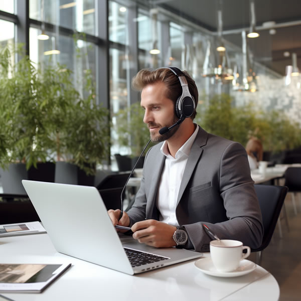 Profissional usando headset para comunicação corporativa