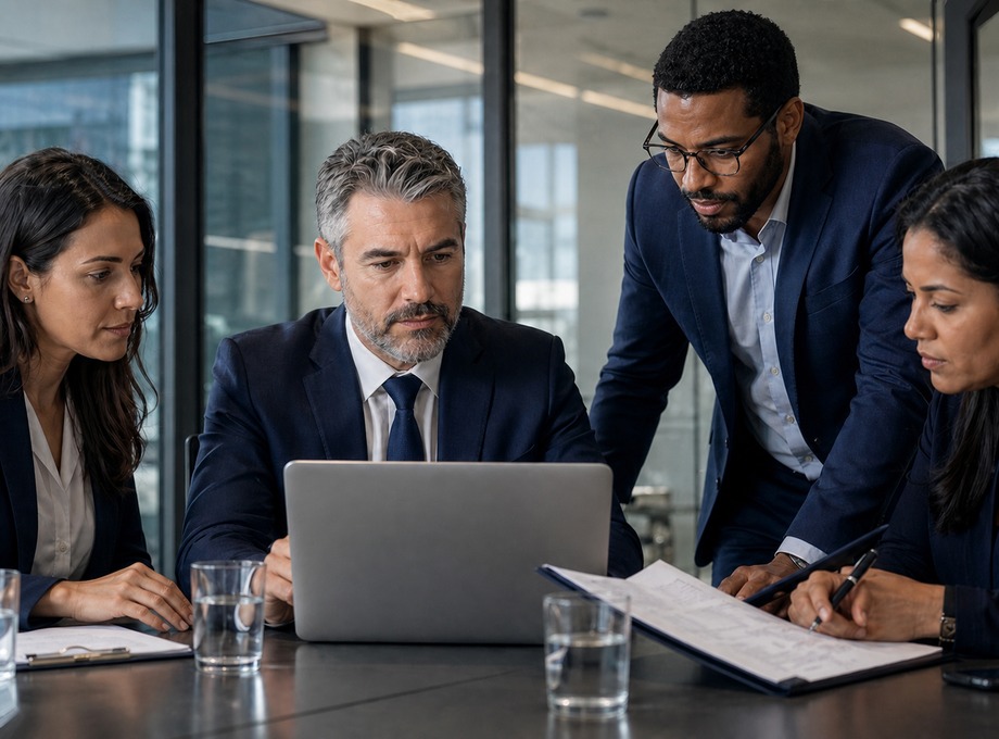 Lideranças brasileiras revisando segurança e controle em comunicação financeira