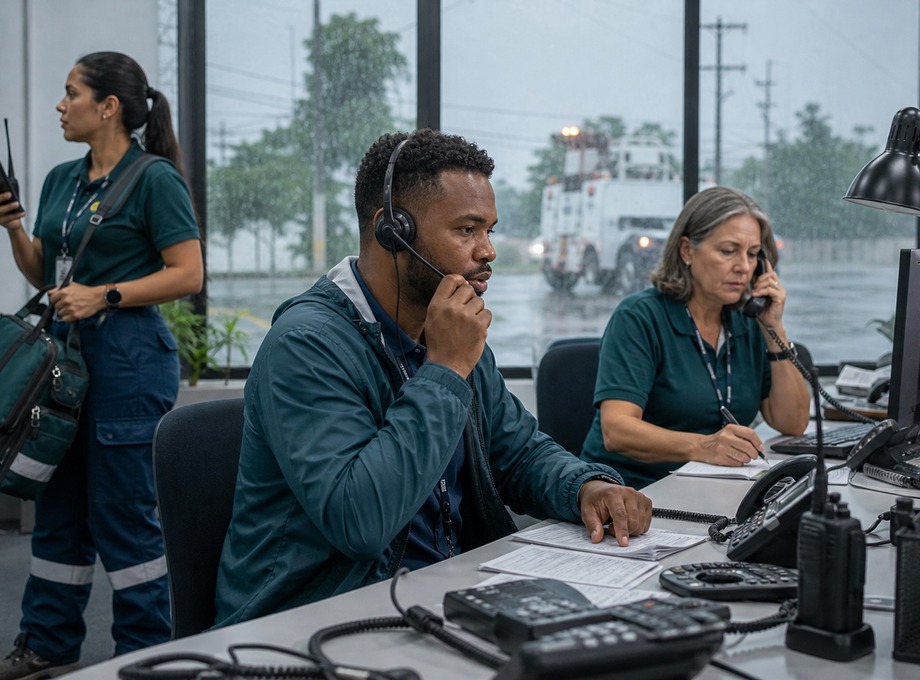 Supervisor negro com headset coordenando continuidade de serviços essenciais com equipe pública diversa