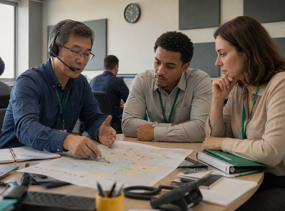 Coordenador nipo-brasileiro com headset revisando plano de comunicação com equipe diversa em instituição pública