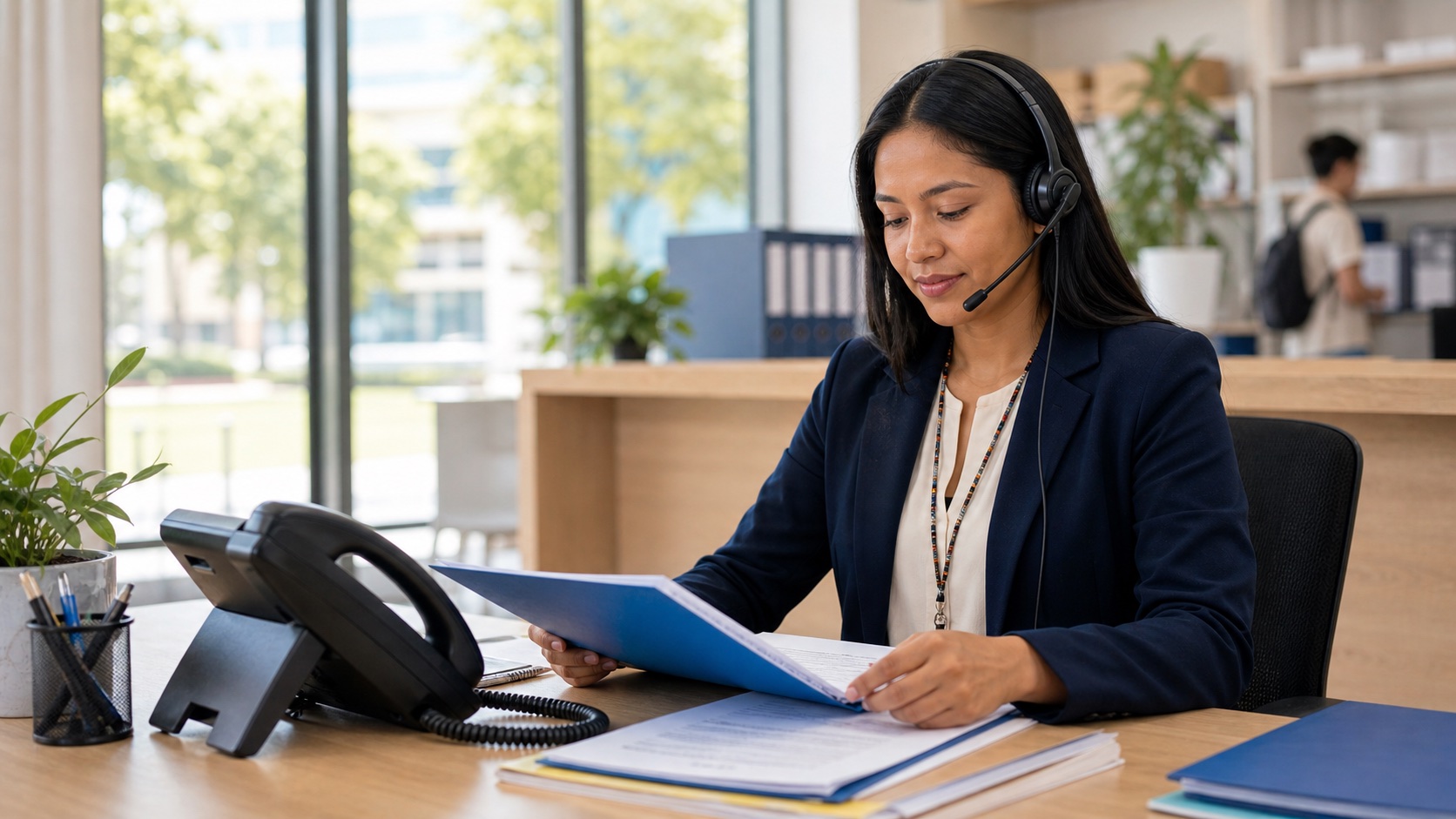 Coordenadora indígena brasileira de educação com headset e telefone corporativo organizando documentos de matrícula