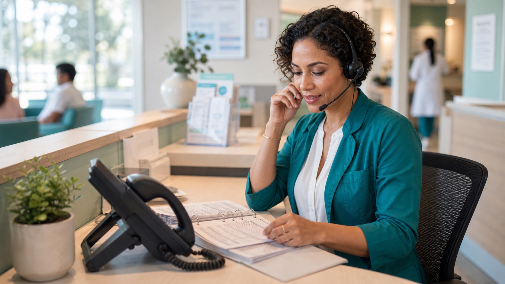 Coordenadora de healthcare com headset e telefone corporativo em recepção clínica iluminada