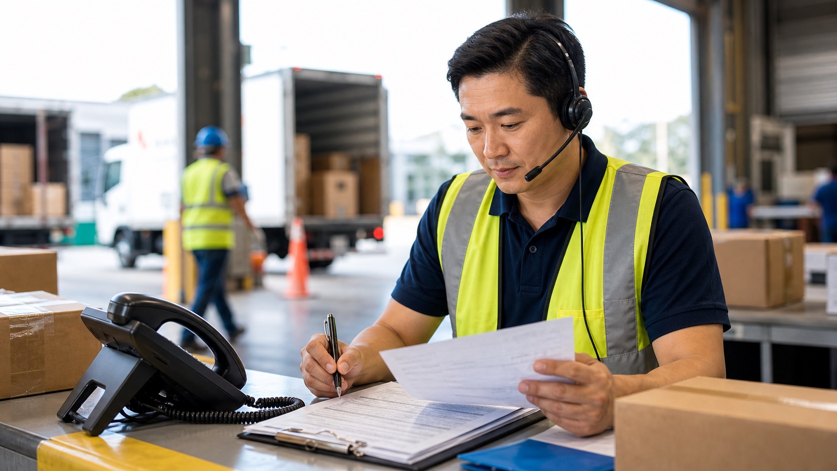 Despachante nipo-brasileiro de logística com headset e telefone corporativo revisando documentos em doca iluminada
