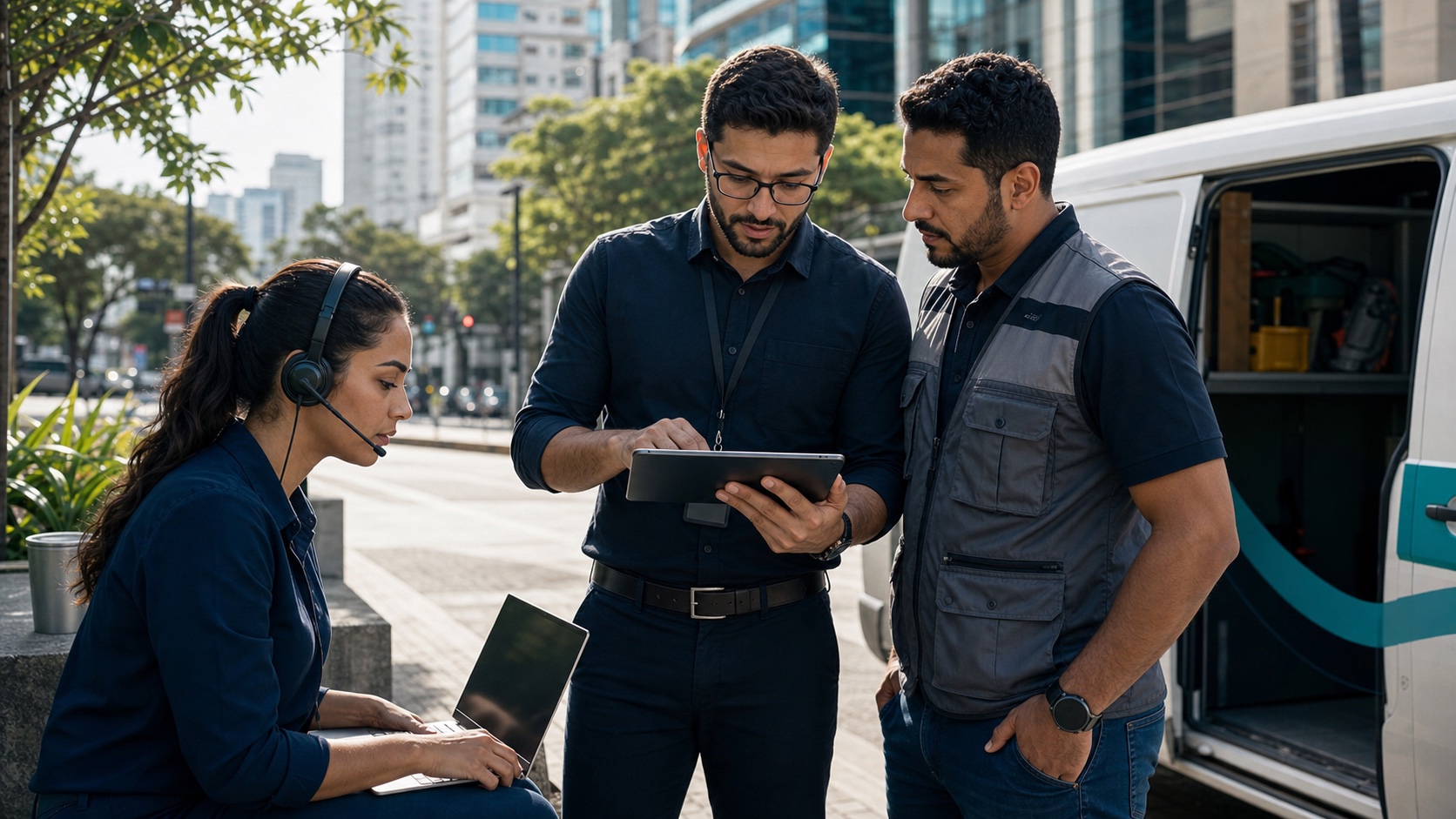 Equipe brasileira de serviços coordenando atendimento e campo em cenário urbano de São Paulo